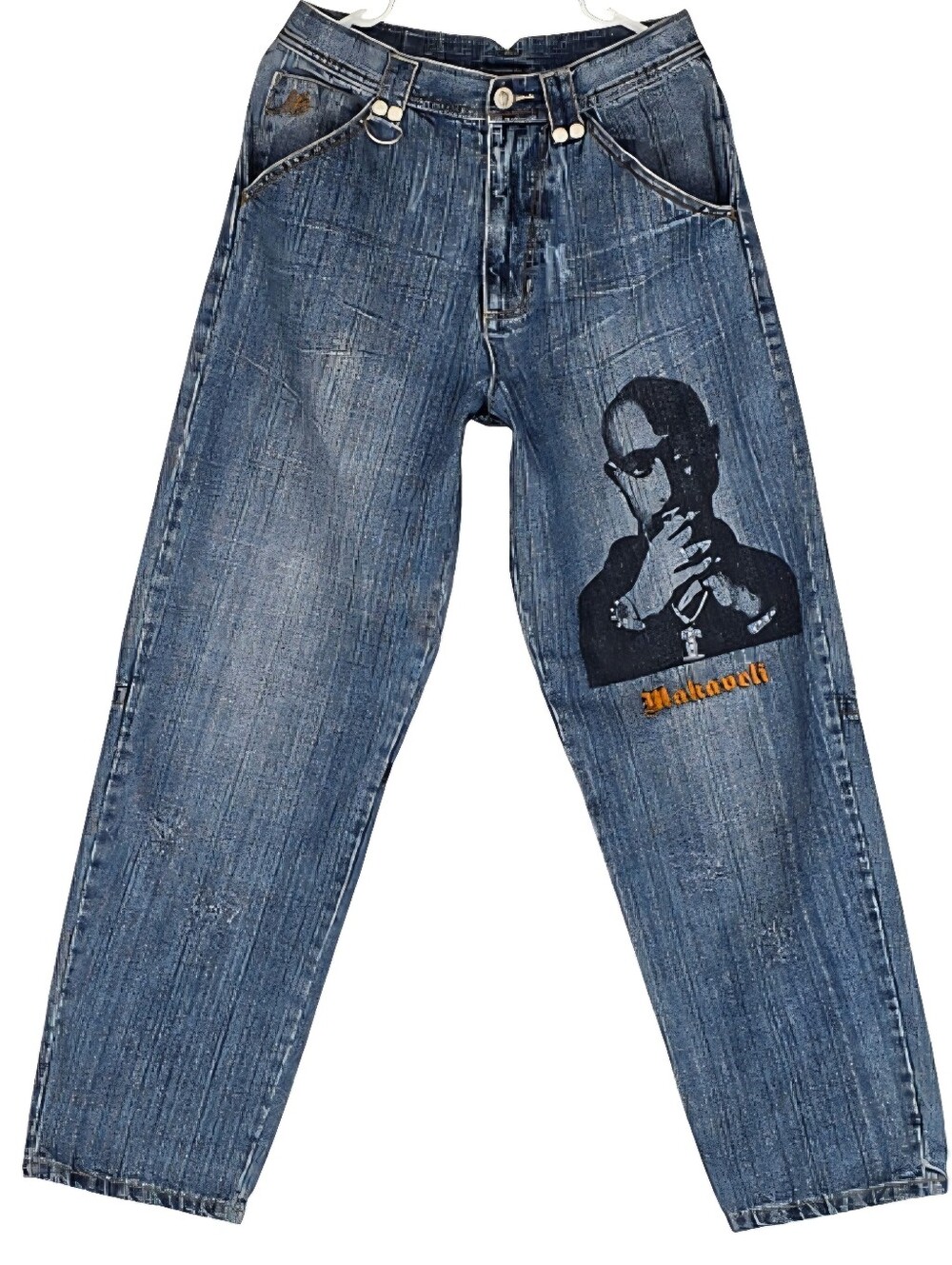 Y2K Hip-Hop Makaveli Branded Tupac Baggy Jeans Men 32 Blue Denim Vintage Graphic